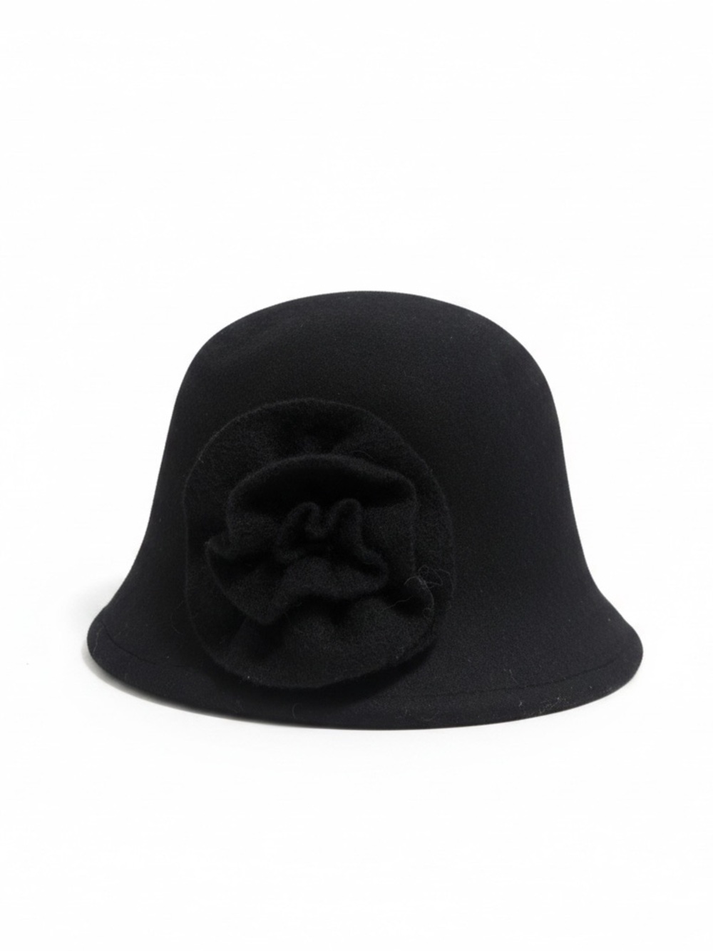 Wool Felt Cloche Hat with Rosette Accent Black